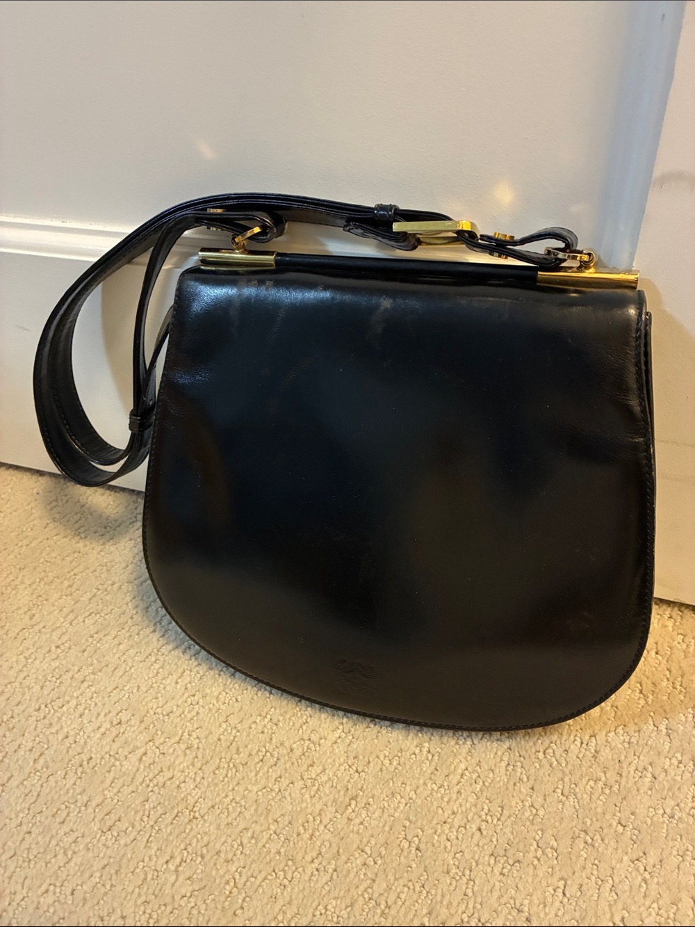 Vintage LOEWE Black Leather Flap Shoulder Bag Brass Hardware Anagram AS-IS👝